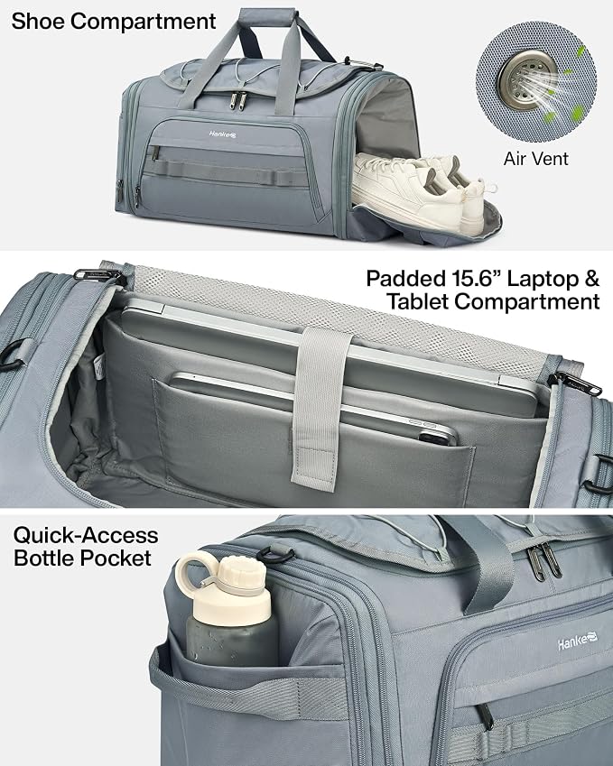 Hanke Duffle Bag for Travel, Dual Expandable 45L-55L Carry On Duffel, 3 In 1 Weekender Tote, Water Resistant Overnight Bag with 15.6" Compartment for Men Women, Grey - Image 4