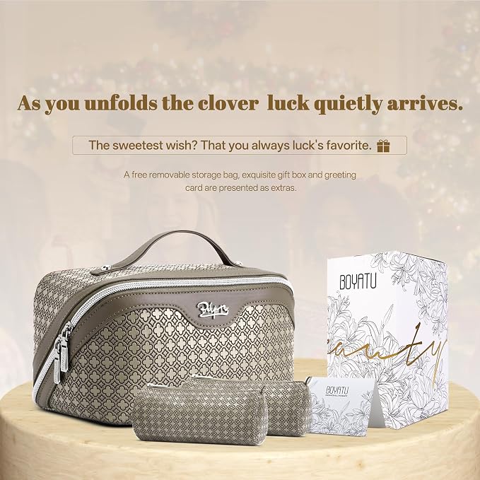 BOYATU Travel Makeup Bag for Women: Four Leaf Clover Large Capacity 3 Pcs Set Cosmetic Bags - Waterproof 50% Extra Space for Toiletry Organizer - Travel Essentials for Fortunate (07 Khaki) - Image 6