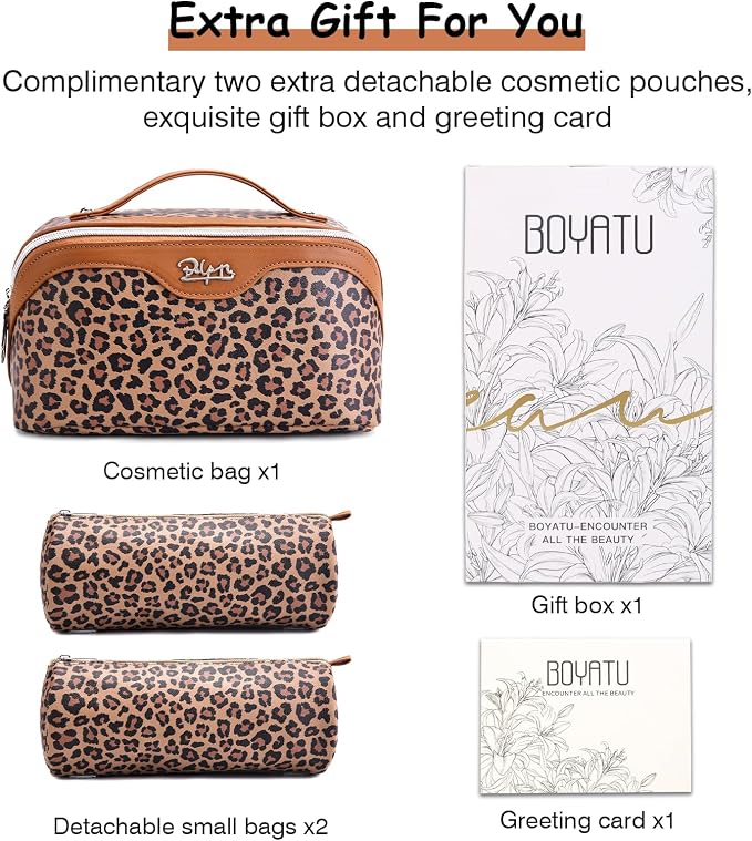 BOYATU Travel Makeup Bag for Women: 3 Pcs Set Portable Make up Bags with Handle - Leopard Print Cosmetic Bags with Comparments - Waterproof Vegan Leather Toiletry Bag (A-1-Brown) - Image 6