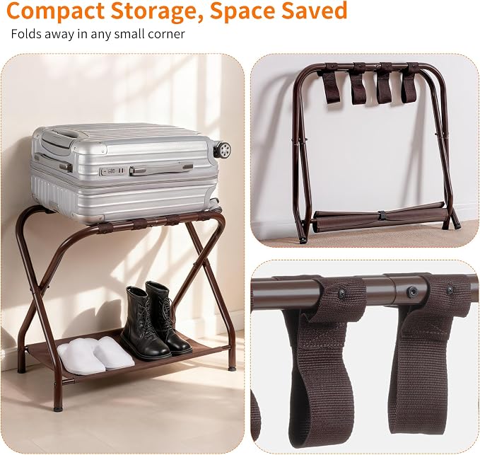 Heybly Luggage Rack for Guest Room, Pack of 2, Steel Folding Suitcase Stand with Storage Shelf for Bedroom, Hotel, Foldable Steel Frame, Guest Room 26.2" L x 14.4" W x 20.5" H, Brown HLR004Z2 - Image 3