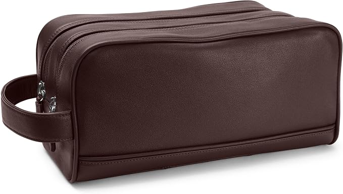 Leatherology Brown Double Zip Toiletry Bag – Full-Grain Leather Men's Dopp Kit with Dual Compartments, Water-Resistant Lining & Top-Stitched Handle - Image 2