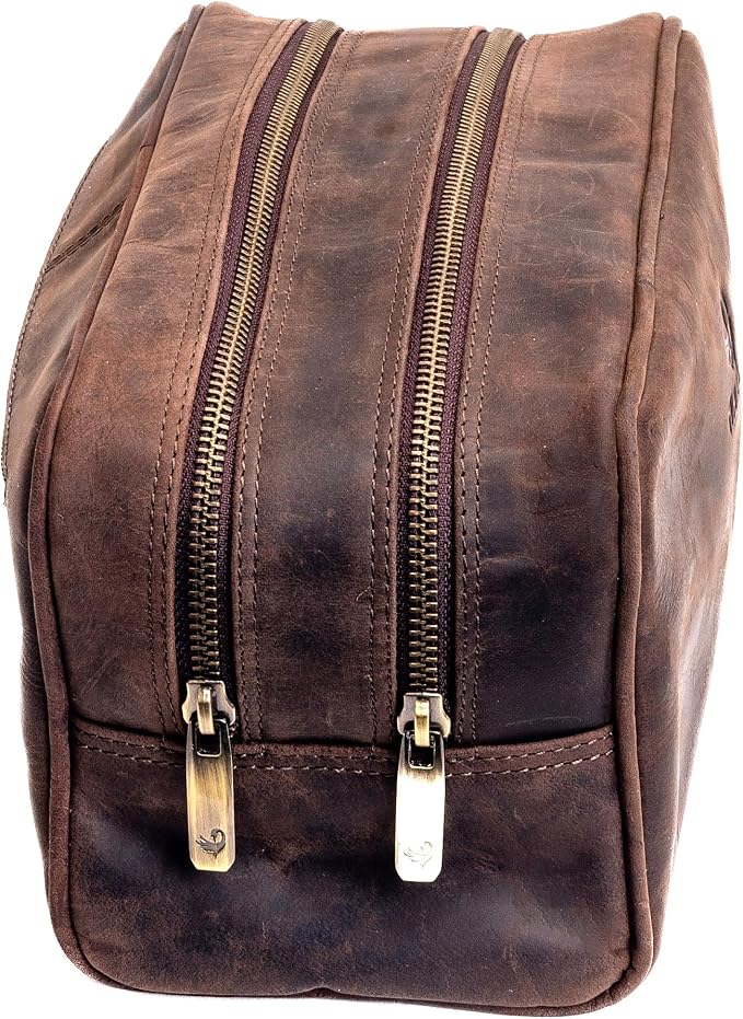 Full Grain Leather Toiletry Bag for Men & Women Travel Pouch, Travel Shaving Kit Organizer with YKK Zipper, Spacious Bathroom Grooming & Cosmetic Storage Case - Waterproof Lining (Dark Brown) - Image 2