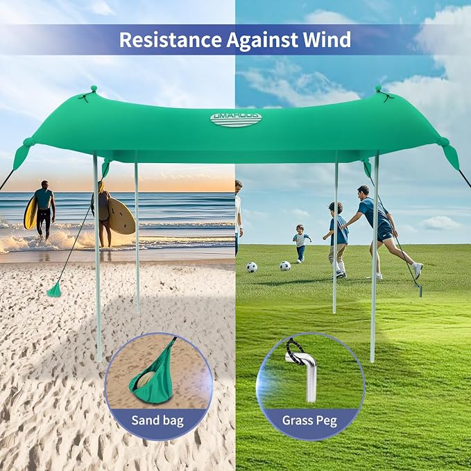 UMARDOO Family Beach Tent Canopy Sun Shade Portable, Large Compact Beach Sun Shelter Easy Setup with Packable Bag for Outdoor Travel (Green, 10X10 FT. 4Poles) - Image 4
