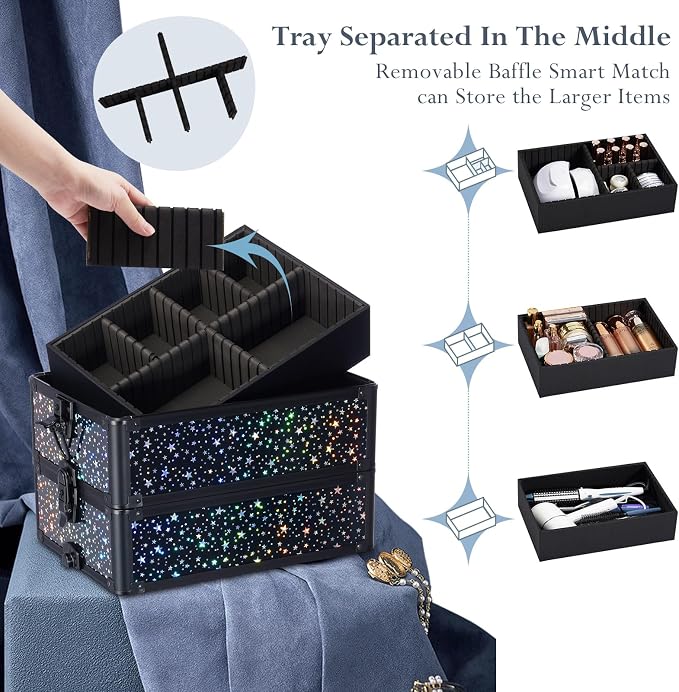 Stagiant Rolling Makeup Case Cosmetology Case on Wheels 4 in 1 Large Makeup Travel Case Nail Kits Organizer Train Case with Key Make Up Artist Salon Storage Traveling Cart Trunk Black Star - Image 6
