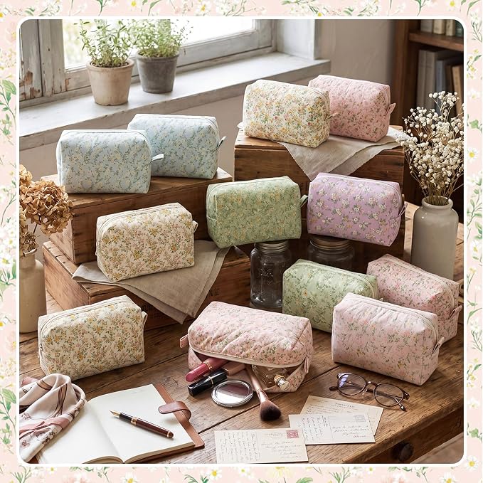 Sweetude 12 Pcs Flowers Makeup Bag Bulk Cotton Portable Travel Cosmetic Bags with Zipper Floral Cotton Roomy Travel Toiletry Organizer Storage Beauty Pouch for Women Gifts - Image 2