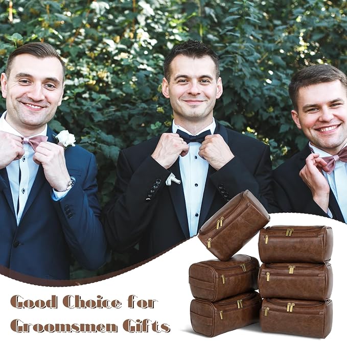 6 Pcs Mens Toiletry Bag Groomsmen Gift, Personalized Leather Toiletry Bags, Dark Brown Leather Travel Bag for Him, Shaving Kit, Groomsmen, Best Man, Wedding Gifts, Husband Boyfriend Father Grandpa - Image 6