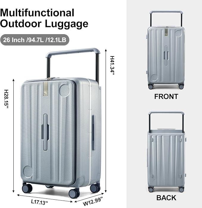Hanke Multifunctional 26 Inch Hard Shell Suitcases with Wheels Travel Approved Luggage Large Rolling Suitcase Checked Luggage for Women Men(Grey) - Image 3