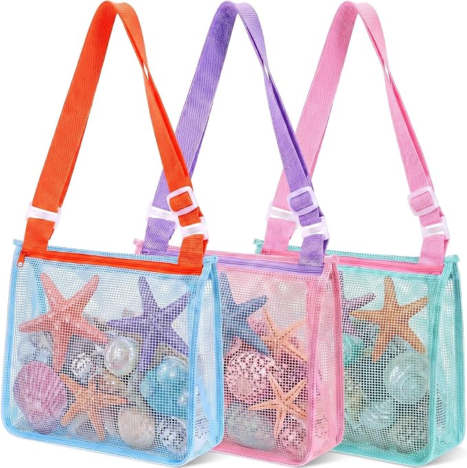 Frienda 3 Pcs Mesh Beach Bag Beach Seashell Bag Shell Collecting Sand Toy Totes Colorful Swimming Accessories Storage Pouch with Adjustable Carrying Straps for Men and Women (Colors C) by Frienda