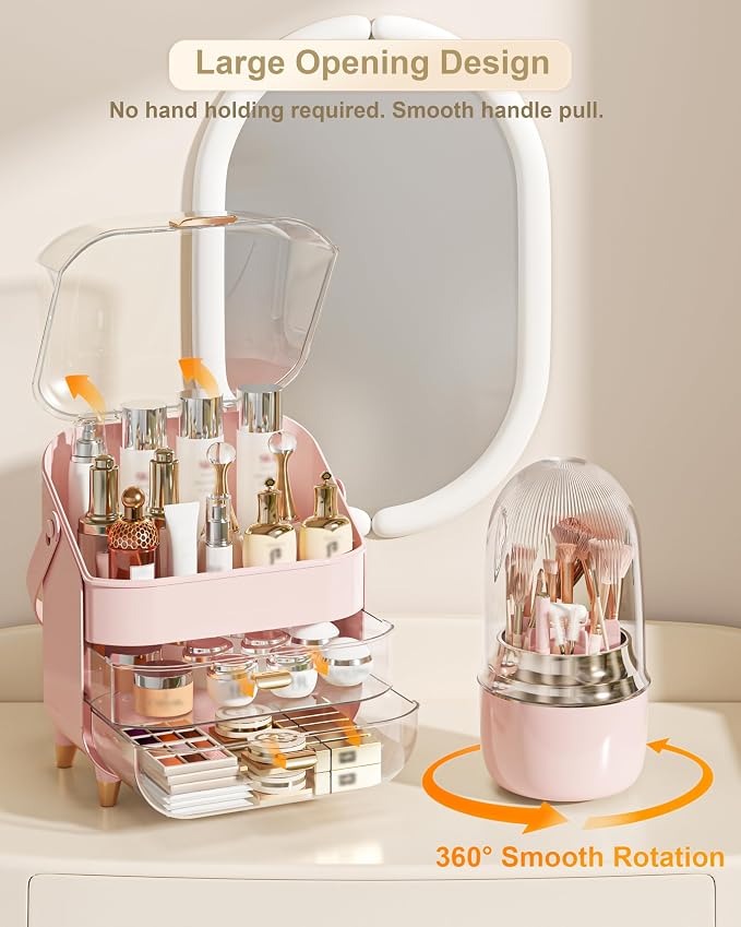 Makeup Organizer Countertop, Skincare Holder Bathroom Counter Organizer, Storage Box Cosmetic Display Cases, Teen Girl Gifts Make up Organizers (Pink/Brush) - Image 5