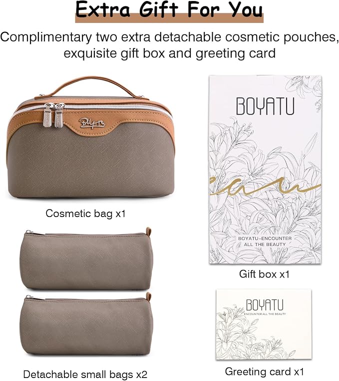 BOYATU Travel Makeup Bag Organizer Cosmetic Bag: 3 Pcs Set Make up Bags for Women with Handle - Waterproof Vegan Leather Toiletry Bags Travel Essentials Pouch with Compartments (A-02-Grey) - Image 6