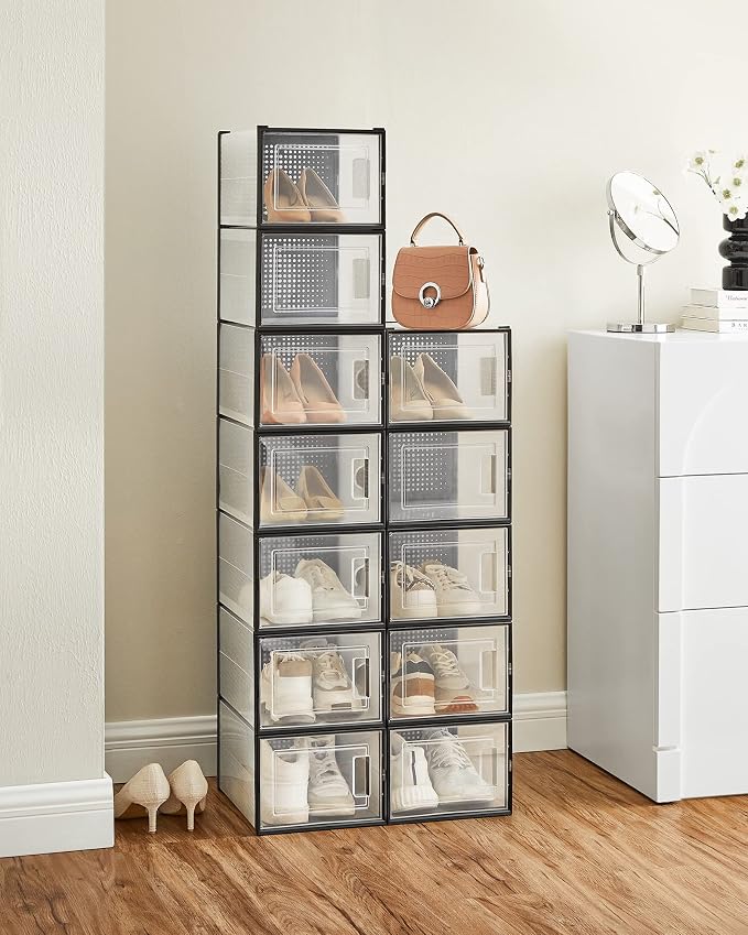 SONGMICS Shoe Boxes, Pack of 12 Shoe Storage Organizers, Stackable Clear Plastic Boxes for Closet, Sneakers, 13.7 x 9.9 x 7.4 Inches, Transparent and Black ULSP007B12 - Image 6