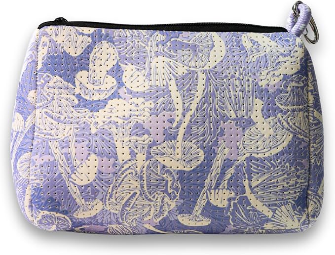 POPUPS Brand Large Makeup Bag with Zipper - Neoprene Machine Washable Travel Toiletry Cosmetic Organizer Pouch for Women (Print Shrooms Lilac) by POPUPSBrand