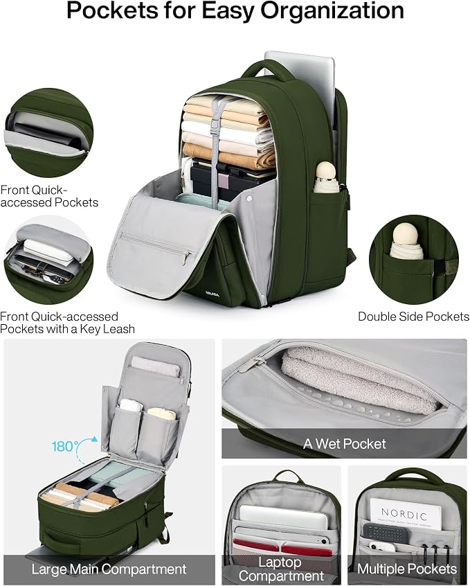 MILADA Travel Backpack for Women&Men,Expandable 28L to 39L,Fits 17" Laptop | Airline Approved Carry-On, Personal Item Backpack, Lightweight Business Rucksack Weekender Bag, Green - Image 3