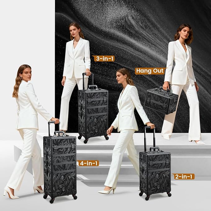 Stagiant Rolling Makeup Case 4 in 1 Cosmetology Case on Wheels Makeup Travel Case with Cosmetic Bag Key Swivel Wheels Salon Barber Case Traveling Cart Trunk Cosmetic Trolley Alpine Black - Image 4