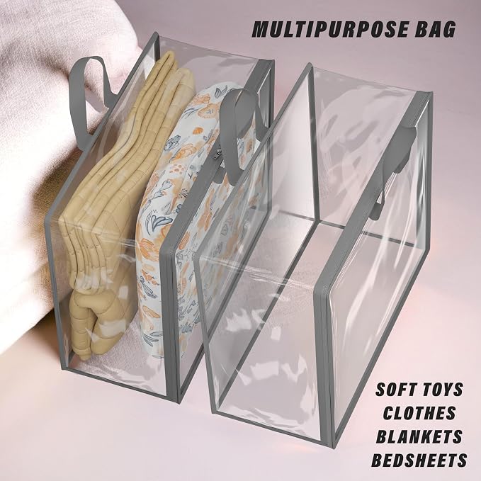 Kuber Industries Waterproof Storage Bag | Multipurpose Bag for Toys, Clothes, Blankets, Bedsheets | Zipper & Handle | Transparent Wardrobe Organizer | Grey - Image 5