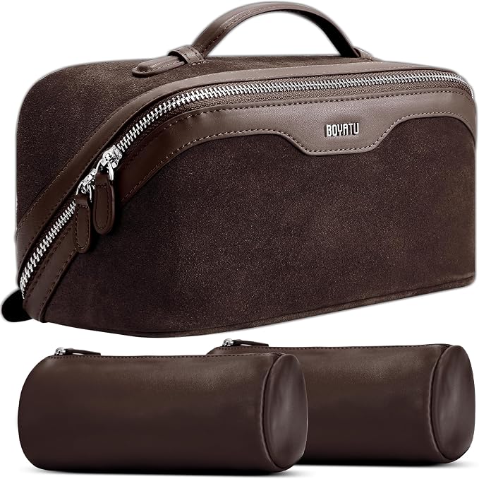 BOYATU Genuine Leather Travel Makeup Bag: Large Capacity 3 Pcs Set Cosmetic Bags for Women - Designer Waterproof Hand-made for Toiletry Organizer - Travel Essentials for Elegance (08Suede-Coffee) by BOYATU