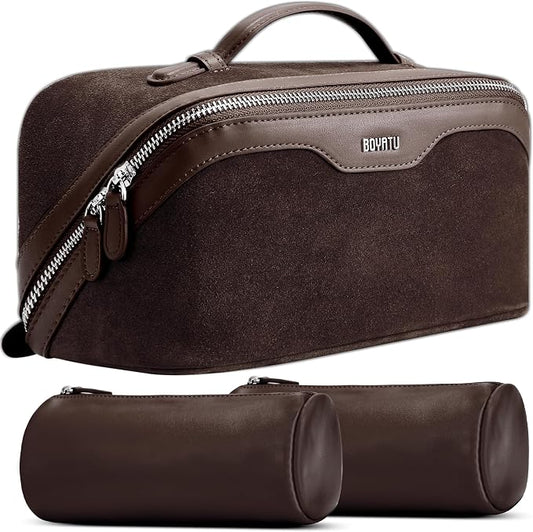 BOYATU Genuine Leather Travel Makeup Bag: Large Capacity 3 Pcs Set Cosmetic Bags for Women - Designer Waterproof Hand-made for Toiletry Organizer - Travel Essentials for Elegance (08Suede-Coffee) by BOYATU