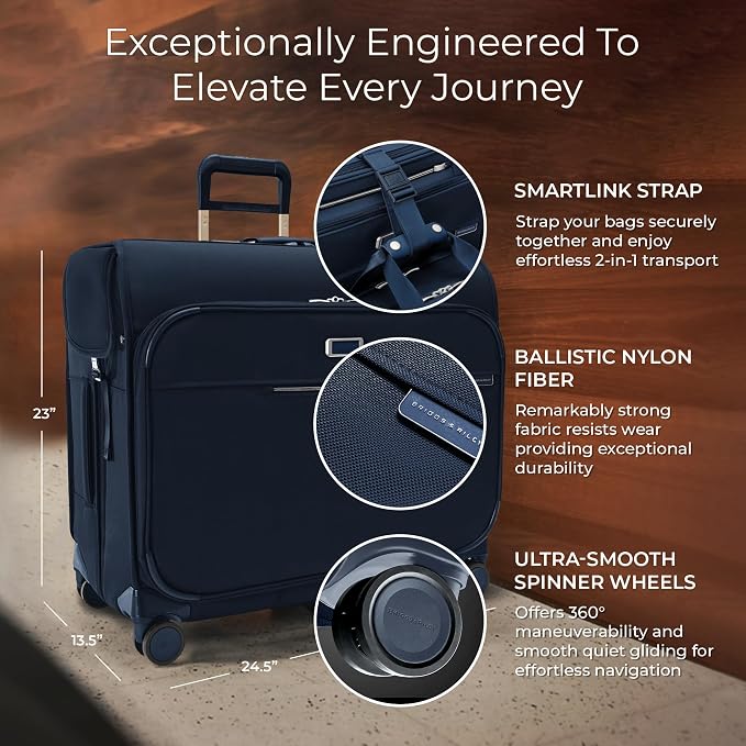 Briggs & Riley Deluxe Wardrobe Spinner - Checked Luggage for Travel, Suitcases with Wheels, Softside Rolling Bag for Men & Women, Built in Hook for Clothes - Baseline Collection, Navy - Image 2