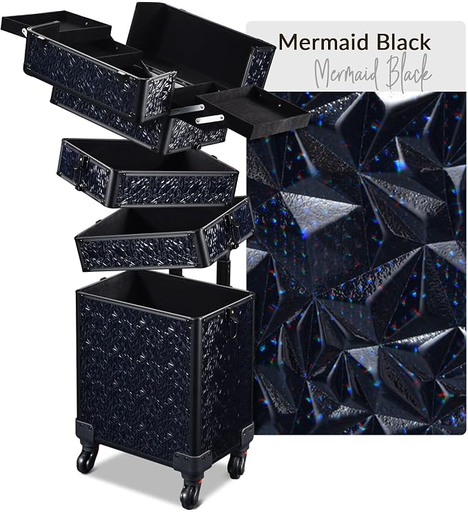 BYOOTIQUE Rolling Makeup Case 4in1 Cosmetology case on wheels Makeup Artist | Aluminum Rolling Makeup Suitcase with 360 Detachable Wheel Lockable 54Lb Large Capacity Organizer Nail Tech Mermaid Black by BYOOTIQUE