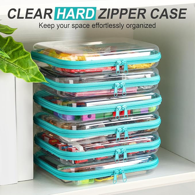 Sanwuta 6 Pcs Clear Hard Zipper Case Plastic Zipper Pouches Transparent Makeup Bag Pencil Case Pouches Toiletry Diaper Bag for Travel Toy Storage Organizer Bins(Teal,7.87 x 5.9 x 2 Inch) - Image 4