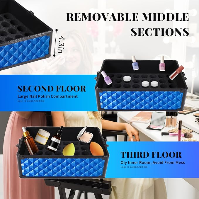 AROUS Rolling Makeup Train Case 4 in 1 Cosmetology Case on Wheels Large Storage Cosmetic Trolley with Key Salon Barber Traveling Cart Trunk, Blue - Image 5