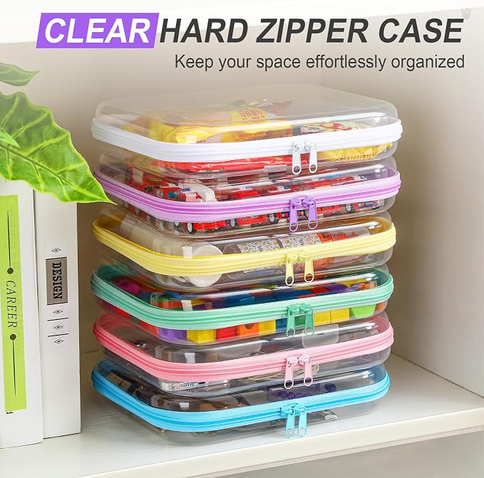 Sanwuta 6 Pcs Clear Hard Zipper Case Plastic Zipper Pouches Transparent Makeup Bag Pencil Case Pouches Toiletry Diaper Bag for Travel Toy Storage Organizer Bins(Colorful,9.84 x 7.87 x 2 Inch) - Image 5