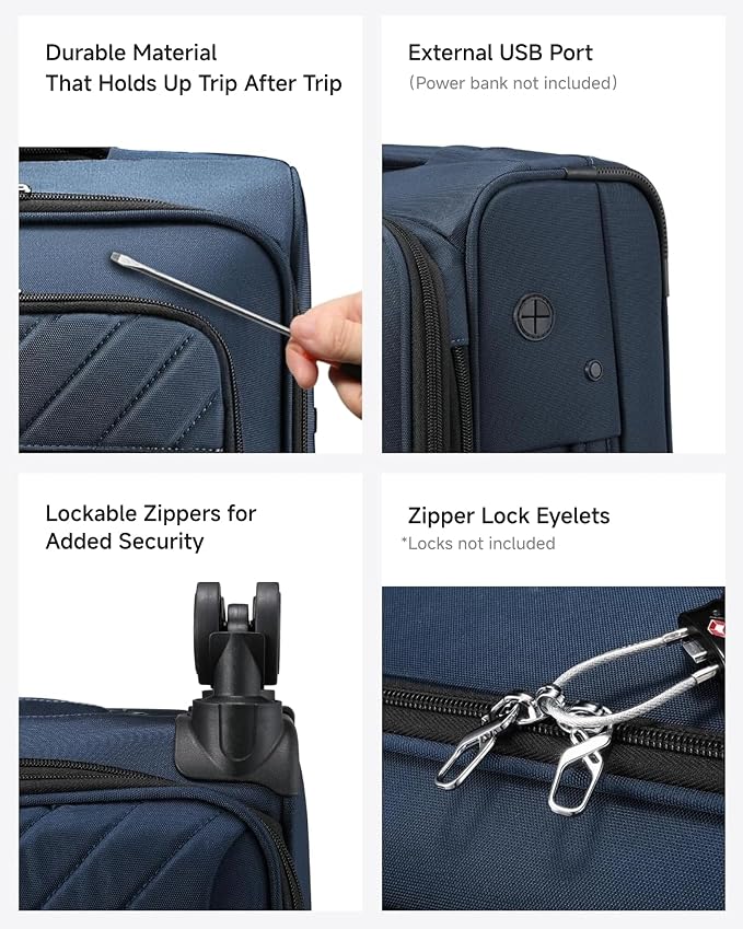 LUGGEX Carry On Luggage with Wheels, Expandable Soft Sided Rolling Suitcase with 8 Spinner Wheels & Aluminum Handle, Lightweight Travel Bag for Business Weekend Trip (UX-Core, Blue,20 Inch) - Image 5