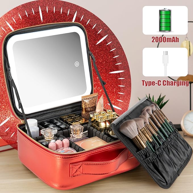 Extrei Gent Makeup Travel Train Case with Mirror LED Light 3 Adjustable Brightness Large Cosmetic Bag Portable Storage Adjustable Partition Waterproof Brushes Make up Jewelry Gift for Women - Image 2