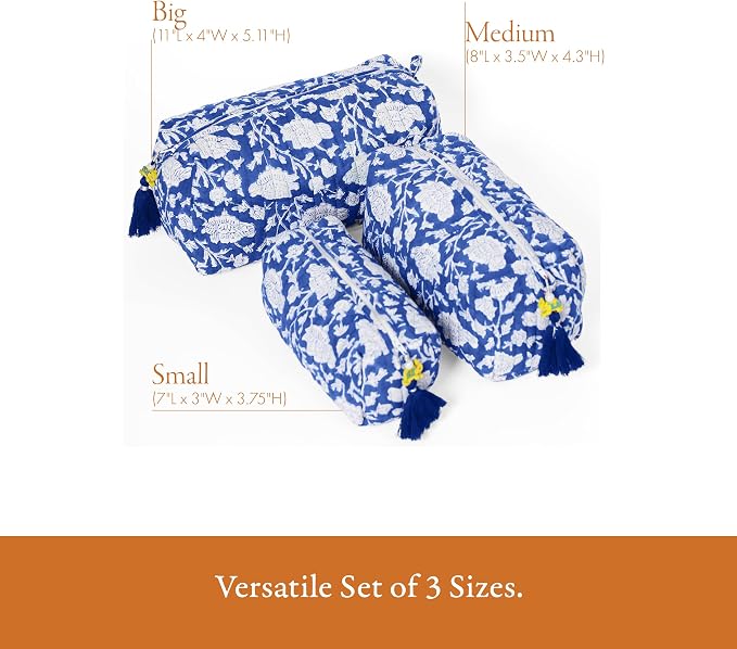 Saffron Marigold Quilted Makeup Bag Set of 3, Hand Block Printed Cotton Cosmetic Bags for Women, Waterproof Lined Travel Toiletry Bag, Coquette Floral Aesthetic, Handmade Gift, Blue Poppy - Image 3