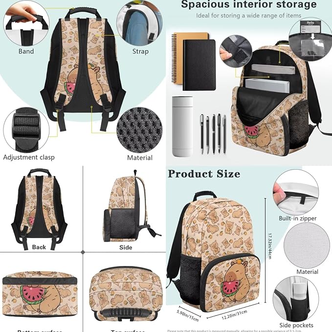 Cute Capybara Backpack Set for Boys Girls 4 Pieces School Backpack with Lunch Box & Pencil Case Pouch Water Bottle Sling Bag for Preschool Elementary Bookbag Set - Image 4