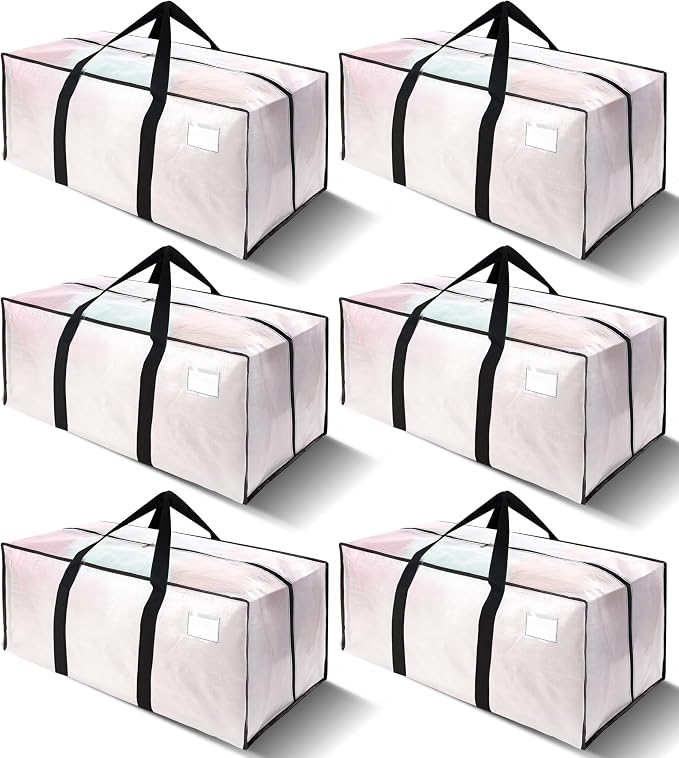 VELVETSURE 6 Pack Heavy Duty Large Moving Bags W/Backpack Straps - Strong Handles & Zippers, Storage Totes For Space Saving, Fold Flat, Alternative to Moving Box and Storage Bin, Semi-Transparent by VELVETSURE