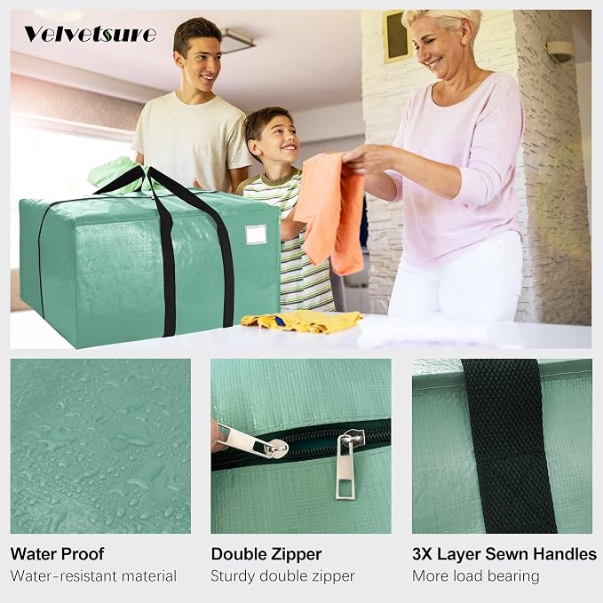 6 Pack Heavy Duty Extra Large Moving Bags W/Backpack Straps - Strong Handles & Zippers, Storage Totes For Space Saving, Fold Flat, Alternative to Box and Bin (40 gal, Teal) - Image 3
