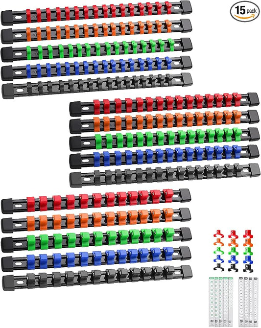 ALOANES 15PC Socket Organizer, Socket Rails Fit 1/2", 1/4" and 3/8" Drive | Portable Heavy Duty ABS Socket Holders Hold up 215 Sockets for Toolbox Drawer Bags(5 Color) by Aloanes
