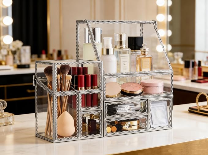 Tempered Glass Makeup Organizer with Heart Shaped Metal Frame, Large Cosmetic Storage Drawer Cabinet, Dustproof Vanity Display Case for Lipstick Makeup Brush Skincare Bathroom Bedroom - Image 3