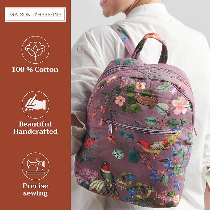 Maison d' Hermine Backpack for Women Men Cotton Shoulder Multipurpose Rucksack with Small Pouch Lightweight Multi Pocket Bag for Travel Work Beach Perfect for Spring Summer (Eden - Violet) - Image 2