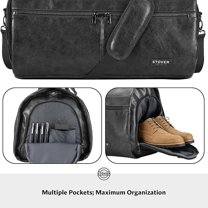 STOVER Garment Travel Duffle Bag, Large 2-in-1 Convertible Carry-on Luggage for Men & Women- Hanging Suits, Dresses & Clothes + Shoe Compartment- Weekender Tote Combo Duffel (Black Leatherette) - Image 5