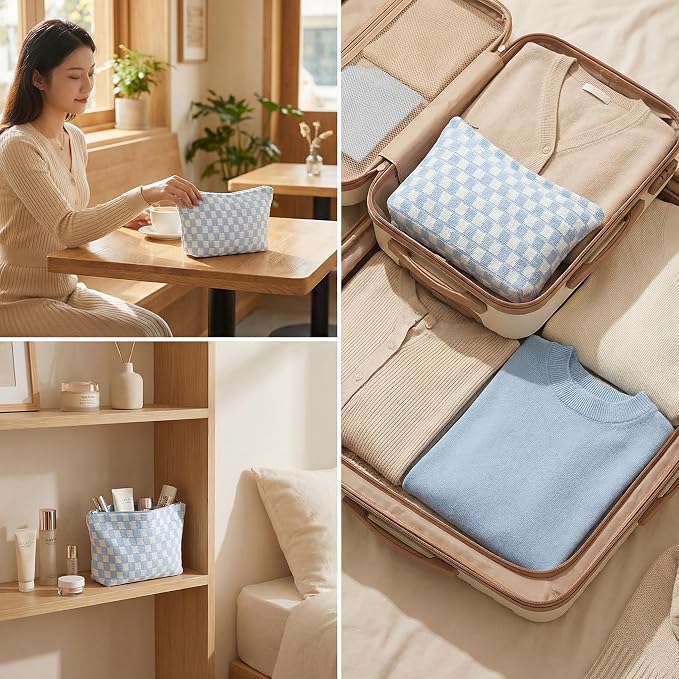 24 PACK Checkered Makeup Bag-Bulk Bridesmaid Proposal Gifts Makeup Pouch for Wedding Party Favors Bachelorette Party Decorations Toiletry Travel Organizer For Women Cosmetic Case Mon Gift(24, Blue) - Image 4