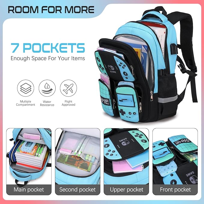 Jafeton School Backpack for Boys, 4 PCS Gamer Boy Backpack Set with Bento Box, Lunch Box & Pencil Pouch, Waterproof Schoolbag for Boys Kids Teens, Elementary Middle School, Kid Bookbag Casual Daypack - Image 3