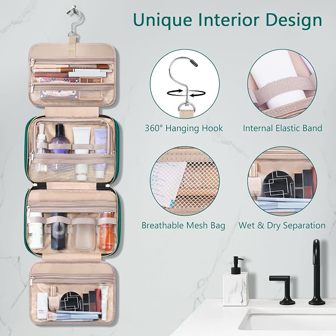 Wedama Toiletry Bag for Women, Hanging Travel Toiletry Bag with Jewelry Organizer Compartment Large Makeup Bag, PVC Waterproof Cosmetic Travel Bag Trips Camping Bathroom, Green+Brown - Image 5