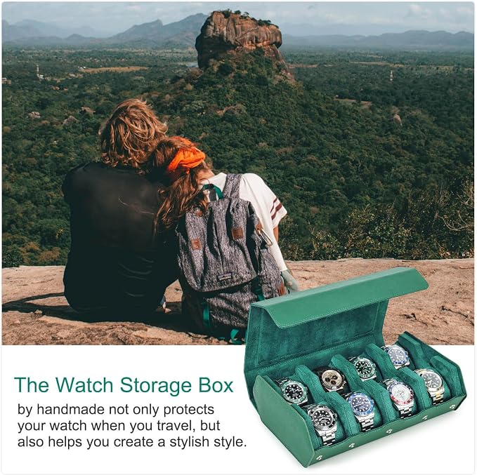 Hiram Genuine Leather Hexagon Watch Roll Travel Case, Leather 8-Watches Roll Case with Removable Pillow Cushion for Treasured Watches and Bracelets-Green - Image 6