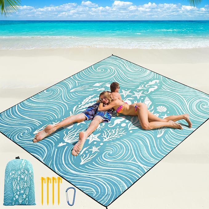 WIWIGO Beach Blanket Waterproof Sandproof Beach Mat 79" X 83"/10'x9'for 2-8 Adults Quick Drying Outdoor Picnic Mat Beach Accessories for Travel, Camping, Hiking by WIWIGO