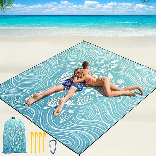 WIWIGO Beach Blanket Waterproof Sandproof Beach Mat 79" X 83"/10'x9'for 2-8 Adults Quick Drying Outdoor Picnic Mat Beach Accessories for Travel, Camping, Hiking by WIWIGO