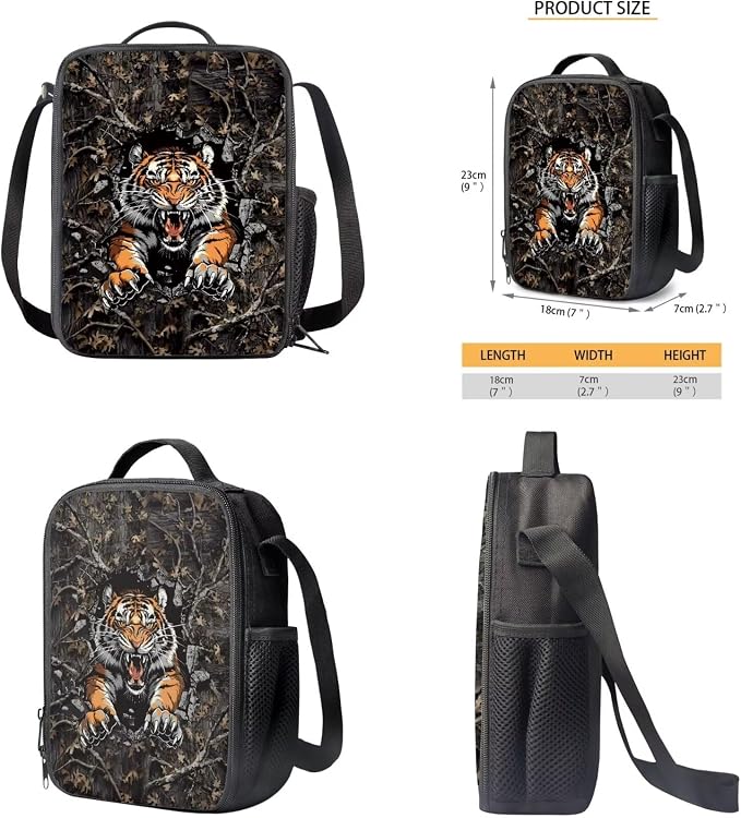 Tiger Camo Backpack for Boys Kids Backpack with Lunch Box Water Bottle Carrier with Strap and Pencil Case Pouch 4PCS Set Bookbag with Compartments for School 17 inch Large Capacity School Bag - Image 5