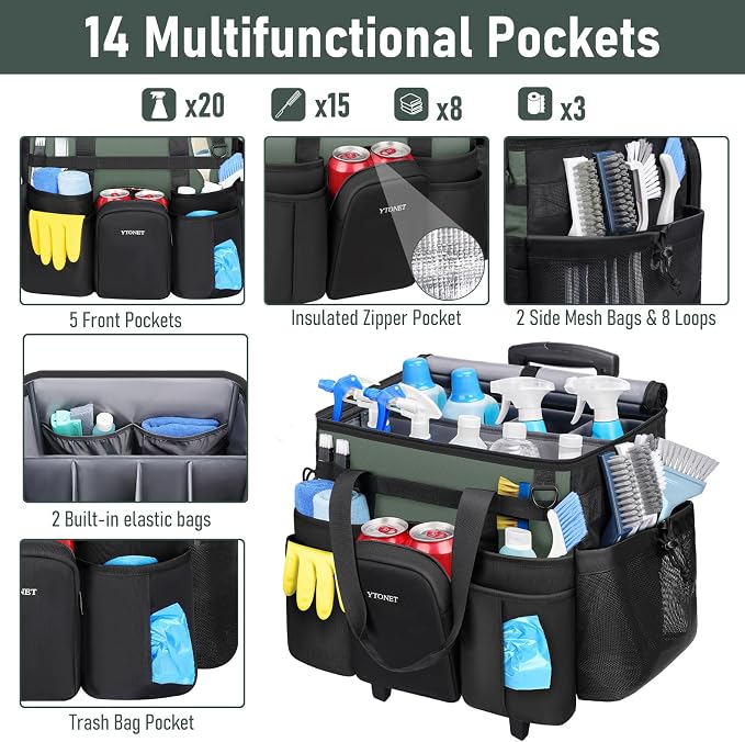 Ytonet Cleaning Caddy with Wheels, Extra Large Rolling Cleaning Caddy Bag with Detachable Trolley for Housekeepers, Water Resistant Cleaner Supplies Organizer with Wheels for Kitchen, Tool Organizer - Image 2