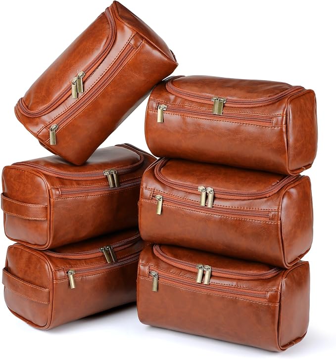 Aliceset 6 Pcs Groomsmen Gift Groomsmen Toiletry Bags Set of 6 Leather Toiletry Bag for Men with Hook Leather Wedding Proposal Bag with Side Handle Father Gift(Brown) by Aliceset
