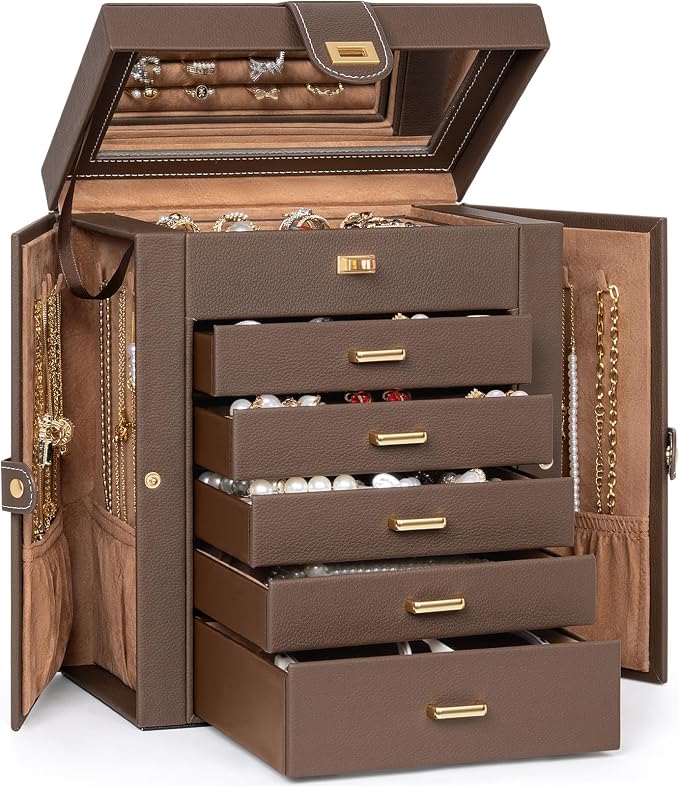 AKOZLIN 6-Tier Jewelry Box Organizer Functional 5 Drawers Leather Jewelry Storage Case for Women Girls Ring Necklace Earring Bracelet Holder Organizer with Mirror Medium Brown by AKOZLIN