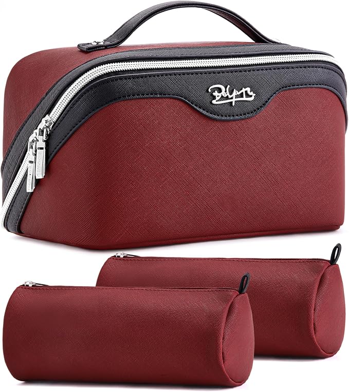 BOYATU Travel Makeup Bag Organizer Cosmetic Bag: 3 Pcs Set Make up Bags for Women with Handle - Waterproof Vegan Leather Toiletry Bags Travel Essentials Pouch with Compartments (A-04-Red) by BOYATU