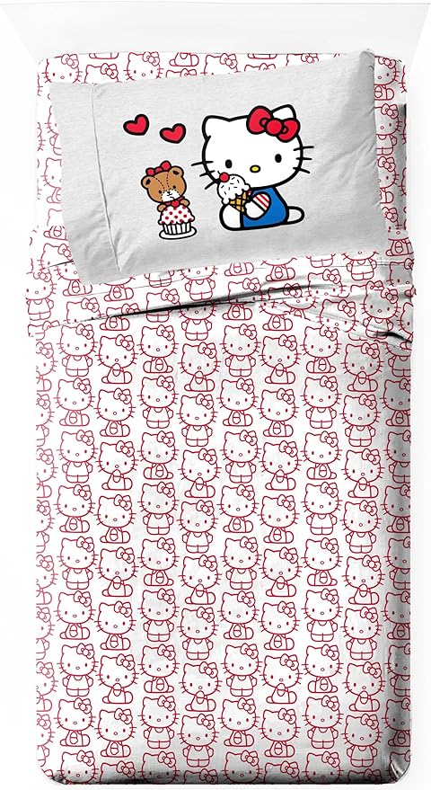 Jay Franco Sheet Set with Fitted, Flat Sheets & Pillow Cover - Ultra-Soft Bedding with Pillowcase for Room Decor, Red - Hello Kitty, 3 Piece Twin by JayFranco