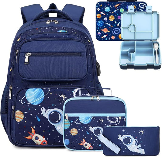 Bevalsa Kids Backpack for Boys with Bento Lunch Box, Insulated Bag & Utensils, 43oz Lunch Containers with 6 Compartment, School Bags for Elementary Middle School Student (Space) by Bevalsa