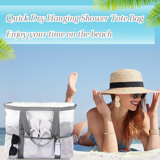 Hillban Large Beach Mesh Bags Bulk for Women Beach Tote Bag with 8 Pocket Zipper Waterproof Sandproof for Pool Cruise Ship - Image 6
